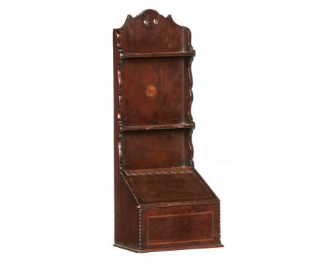 A GEORGE III INLAID FRUITWOOD WALL HANGING CANDLE BOX AND SPOON RACK, EARLY 19TH C with sloping lid, 65cm h++Some minor wear 