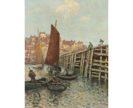 FOLLOWER OF STANHOPE ALEXANDER FORBES BOATS AT A JETTY bears signature, oil on board, 55 x 44cm++Good condition requiring a l