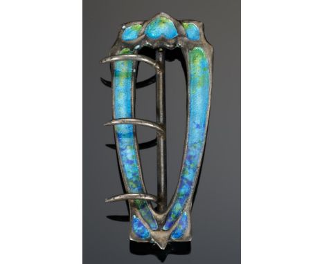AN ENGLISH ARTS &amp; CRAFTS SILVER AND DOUBLE SIDED TRANSLUCENT ENAMEL BELT BUCKLE IN THE MANNER OF ARCHIBALD KNOX, C1905 7c