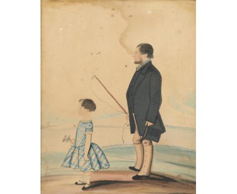 ENGLISH NAIVE ARTIST, 19TH CENTURY  DOUBLE PORTRAIT OF A GENTLEMAN AND CHILD HOLDING A POSY  ink and watercolour, 31 x 26cm