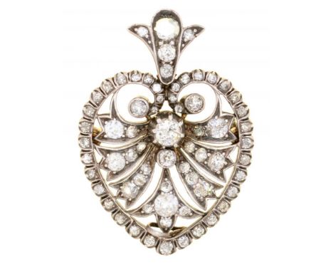 A VICTORIAN PALMETTE SHAPED DIAMOND BROOCH PENDANT the rose cut and old cut diamonds 2.2ct approx, in gold and silver, 3 x 4.