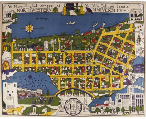 LILLIAN MCKINSTRY FITCH YE NEWE-FANGLED MAPPE OF YE OLDE COLLEGE TOWNE NORTHWESTERN UNIVERSITY, 1927  lithograph in colour, 5