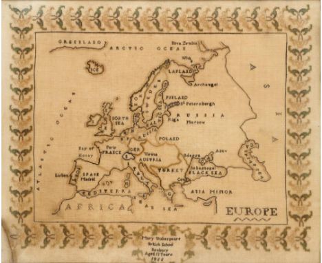 A VICTORIAN LINEN MAP SAMPLER OF EUROPE MARY SHAKESPEARE BRITISH SCHOOL BANBURY AGED 13 YEARS, 1855 50 x 60cm, stained wood f