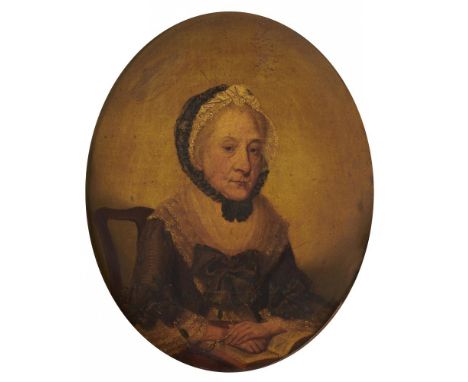 FRANCIS ALLEYNE (1750-1815) PORTRAIT OF A LADY CALLED MRS WILSON  seated half length at a table, her hands folded on an open 