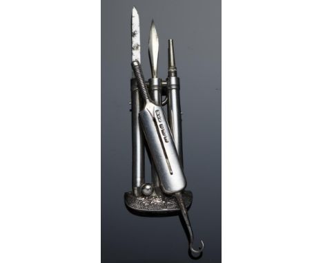 CRICKET.   A VICTORIAN SILVER BAT, BALL AND WICKET NOVELTY COMBINATION RETRACTABLE PENCIL, TOOTHPICK,   PENKNIFE AND GLOVE BU