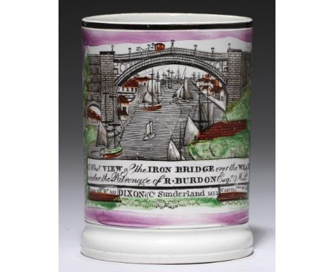 A SUNDERLAND LUSTRE FROG MUG, 'GARRISON' POTTERY, C1840 printed in clear, strong black with the Wear Bridge with title and ta