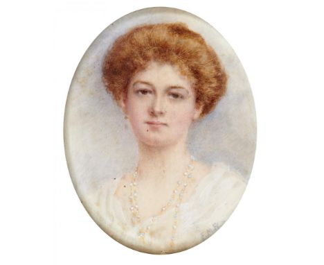 EMILY M PEYTON (EXH 1903-1911) CECIL NONA KERR in a white dress and pearl necklace, signed, ivory, oval, 6.5 x 5.3cm, giltmet