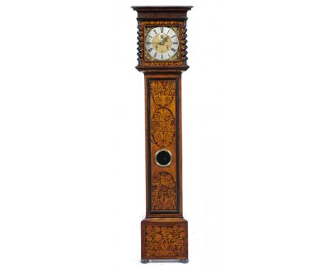 A WALNUT AND MARQUETRY MONTH DURATION LONGCASE CLOCK, HENRY HARPER, LONDON, C1700  the 11inch brass dial with matted centre, 