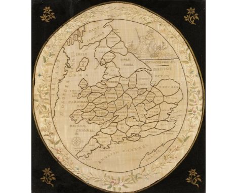 A REGENCY EMBROIDERED OVAL SILK MAP SAMPLER OF ENGLAND AND WALES M  F EYRE 1816  worked in coloured silks with the figure of 