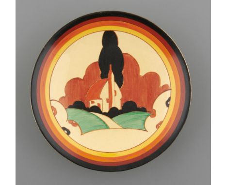 CLARICE CLIFF.  AN A J WILKINSON FARMHOUSE PATTERN PLATE, 1932  23cm diam, impressed and printed marks++Good condition