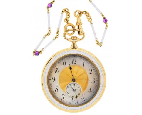 AN 18CT GOLD AND WHITE ENAMEL KEYLESS LEVER WATCH AND BATON LINK CHAIN  the knife edge cased watch with fine blued steel hand