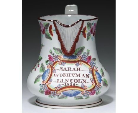 A DON POTTERY WHITE EARTHENWARE JUG DATED 1828 with shell lip inscribed in a frame in brown enamel SARAH WIGHTMAN LINCOLN 182