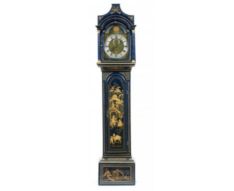 A BLUE JAPANNED EIGHT DAY LONGCASE CLOCK, SAMUEL BRYAN, LONDON, C1760  the 30cm breakarched brass dial with matted centre, da