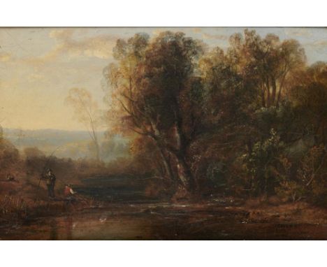 JOHN WALKER (1796-1893) TWO ANGLERS ON A WOODED STREAM  signed, oil on artist's board, 18.5 x 29cm++Retouched paint shrinkage