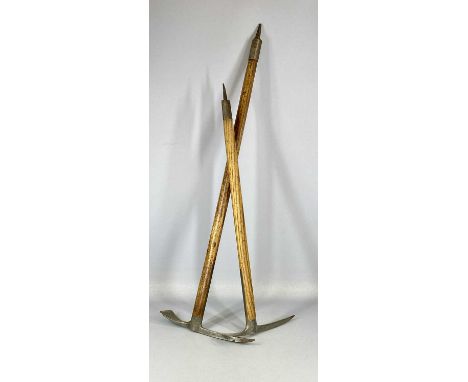 TWO VINTAGE ICE AXES, STEEL PICKS & ASH HANDLES, Alf Bend and Gebr Andenmatten maker's stamps with leather sheathsProvenance: