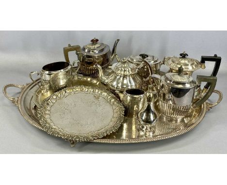 PLATED ITEMS including large oval two-handled tea tray with gadrooned border, 85 x 56cms, two circular salvers, 30cms (diam.)