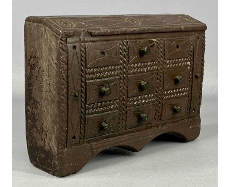 WELSH FOLK ART CARVED SLATE DOORSTOP in the form of bureau chest, metal knob handles (two absent), 16.5 (h) x 23 (w) x 7cms (