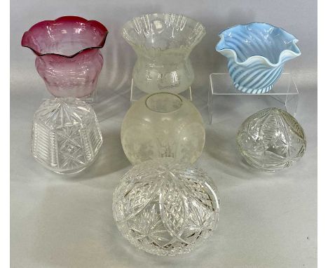 COLLECTION OF GLASS LIGHT SHADES, 19th century and later including an etched Ruby and clear glass oil lampshade with wavy rim