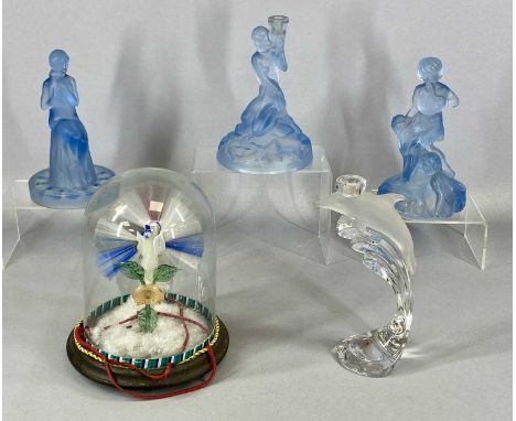 MIXED DECORATIVE GLASSWARE including three Walther type blue glass figural centrepieces, 21cms (h), Nachtmann dolphin candle 