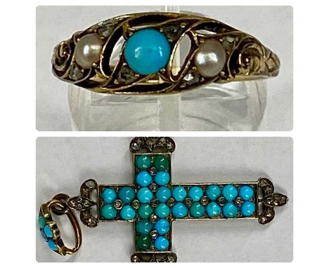VICTORIAN YELLOW METAL RING set with turquoise seed pearl and marcasite, size R and a yellow metal crucifix, set with turquoi
