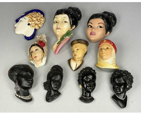 GROUP OF ART DECO STYLE WALL MASKS including Moorland Pottery elegant lady in blue hat, 18cms (h), Legend Products 'Maid Mari