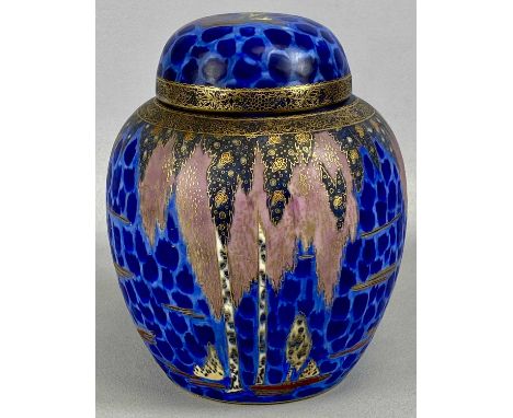 CARLTON WARE ART DECO GINGER JAR & COVER, 'Forest Tree' pattern no. 3244, enamelled in colours on a matte blue ground, highli