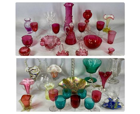 GROUP OF DECORATIVE GLASSWARE including cranberry, ruby and green glass vases, bowls and drinking vessels, green carnival gla