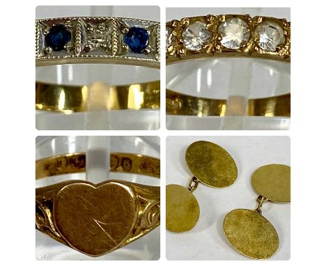 9CT GOLD JEWELLERY, ring set with a band of diamonds and sapphires, size N, pair of oval cufflinks, ring set with seven clear