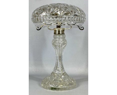 CLEAR CUT GLASS TABLE LAMP, early 20th century with circular spread foot, baluster column and mushroom domed shade, 50cms (h)