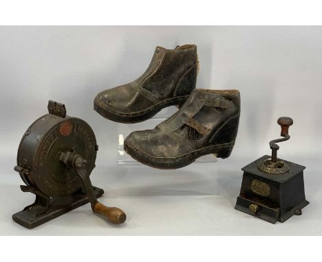 ANTIQUE/VINTAGE DOMESTIC COLLECTABLES including pair of felt line leather clogs with wooden soles, size 32, Spong's knife cle