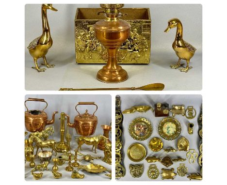 QUANTITY OF COPPER & BRASSWARE to include oil lamp, fire irons, duck ornaments, horse brasses, etcProvenance: deceased estate