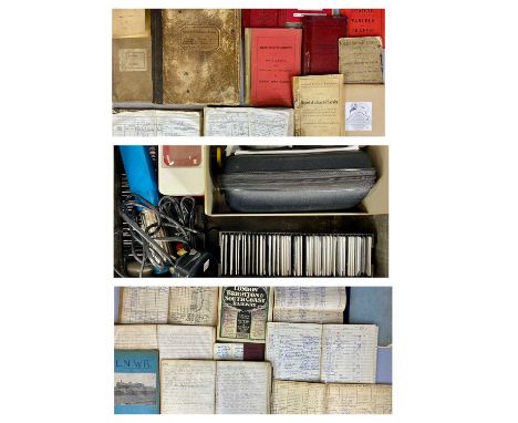 COLLECTION OF RAILWAYANA BOOKS & EPHEMERA including vintage projector equipment and railway slides, LSWR book, LMS book, rail