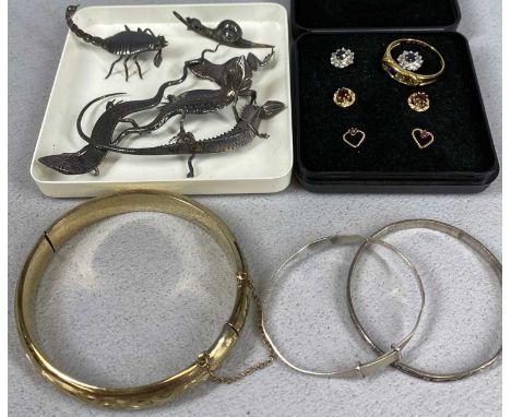 JEWELLERY & COLLECTABLES including 9ct gold ring set with four coloured stones, size Q, 2.1gms, three pairs of stone-set gold