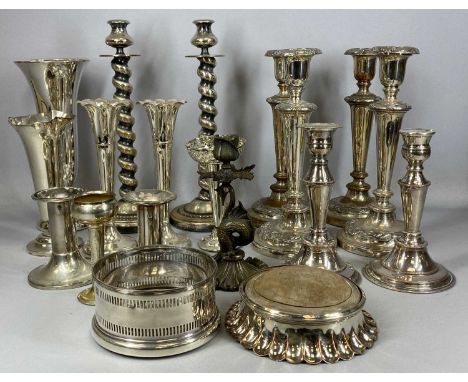 GROUP OF PLATED ITEMS including pairs of candlesticks, 34cms (h) the largest, trumpet form vases and wine coastersProvenance: