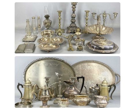 LARGE COLLECTION OF PLATED ITEMS including pair of Georgian style candlesticks, 25cms (h), oval swing handled basket, oval tu