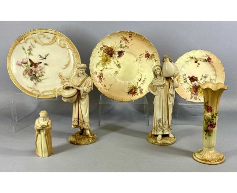 ROYAL WORCESTER BLUSH IVORY, male and female water carriers, no. 1250, 25cms (h), friar reading book, 13cms (h), trumpet form