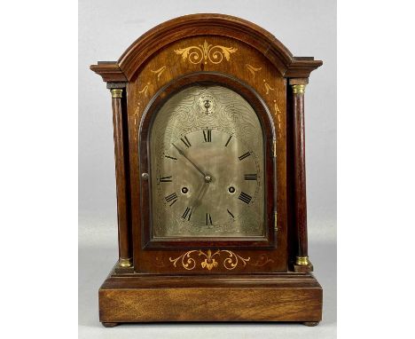 EDWARDIAN INLAID MAHOGANY DOME TOP MANTEL CLOCK, turned columns flanking an arched glazed door enclosing silvered dial with R