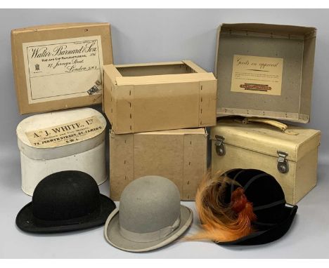 VINTAGE HATS including bowler labelled 'Herbert Johnson of London', a vintage grey coloured bowler hat labelled 'Hillhouse & 
