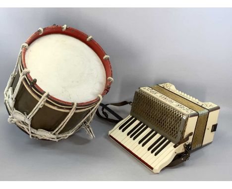 HOHNER STUDENT III CASED ACCORDIAN & VINTAGE MARCHING BAND'S DRUM, 36cms (h) x 37cms (diam.)Provenance: private collection Co