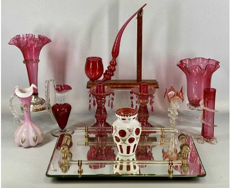 ANTIQUE DECORATIVE GLASSWARE being 19th century and later including ruby glass pipe, 36cms (h), cranberry and clear glass tru