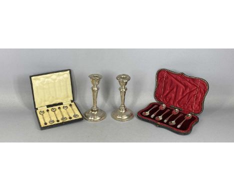 GROUP OF SMALL SILVER ITEMS including pair of circular silver candlesticks, 20th century, Chester hallmarks rubbed, 16.5cms (