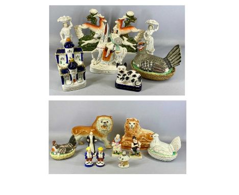 GROUP OF STAFFORDSHIRE FIGURES & ANIMALS, 19th century and later including hen on nest, two lions, Ralph Wood type cobbler an