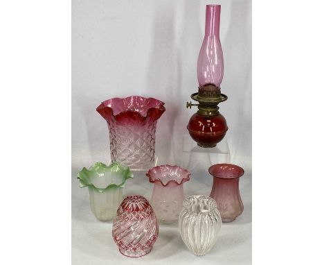 VICTORIAN/LATER LIGHTING ACCESSORIES including ruby and clear glass oil lamp shade with dimpled decoration and crimped rim, 2