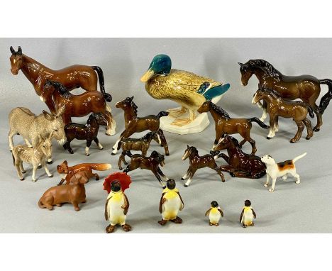 COLLECTION OF BESWICK ANIMALS including duck model 817, donkey and foal, four piece penguin set, one with red umbrella, matte