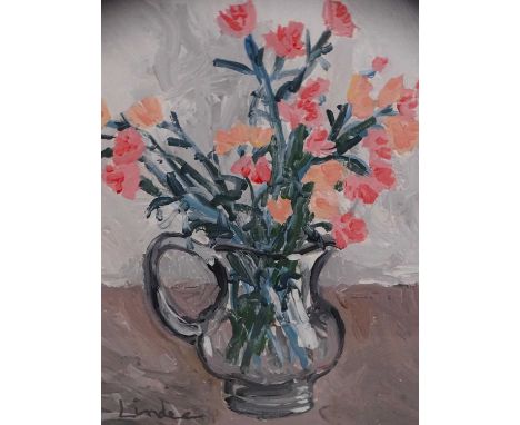 ‡ LAUREN LINDEE (American-Welsh Contemporary) acrylic still life flowers in a glass vase, signed and entitled verso 'The Glas