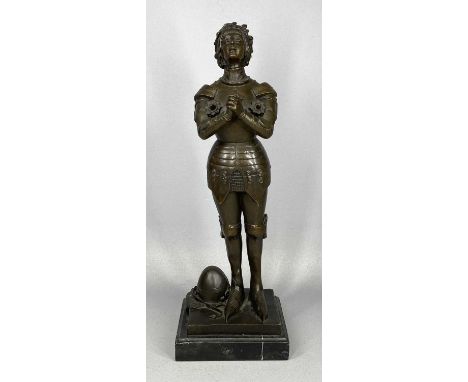 BRONZE SCULPTURE OF JOAN OF ARC, 20th century, modelled standing praying with helmet and armour at her feet, on marble plinth