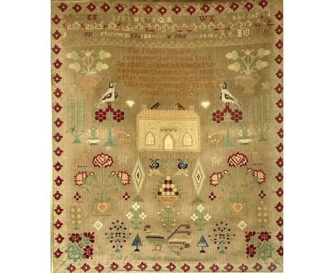 LARGE WOOLWORK SAMPLER with alphabet and verse, birds, flowers, house and trees, Mary Thomas 1894, 77 x 85cmsProvenance: priv