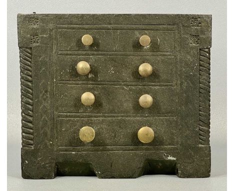 WELSH FOLK ART CARVED SLATE DOORSTOP in the form of a chest, four long drawers, with brass knob handles, 19 (h) x 22 (w) x 4c