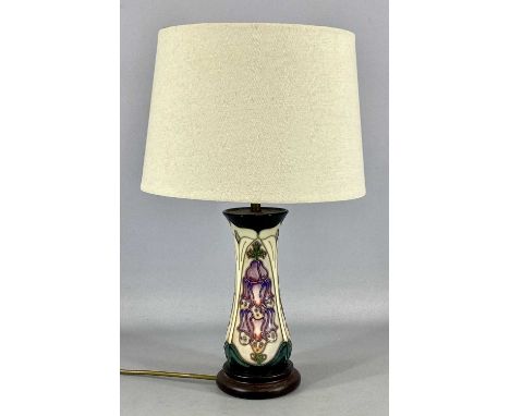 MOORCROFT FOXGLOVE TABLE LAMP on circular wooden base, 23cms (h) excluding fitting and fabric shadeProvenance: private collec