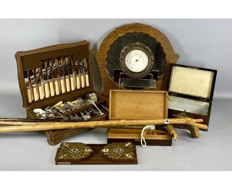 ROSEWOOD & BONE FOLDING BOOKSHELF, other treen items including cutlery box, walking sticks, barometer, mirror, etcProvenance:
